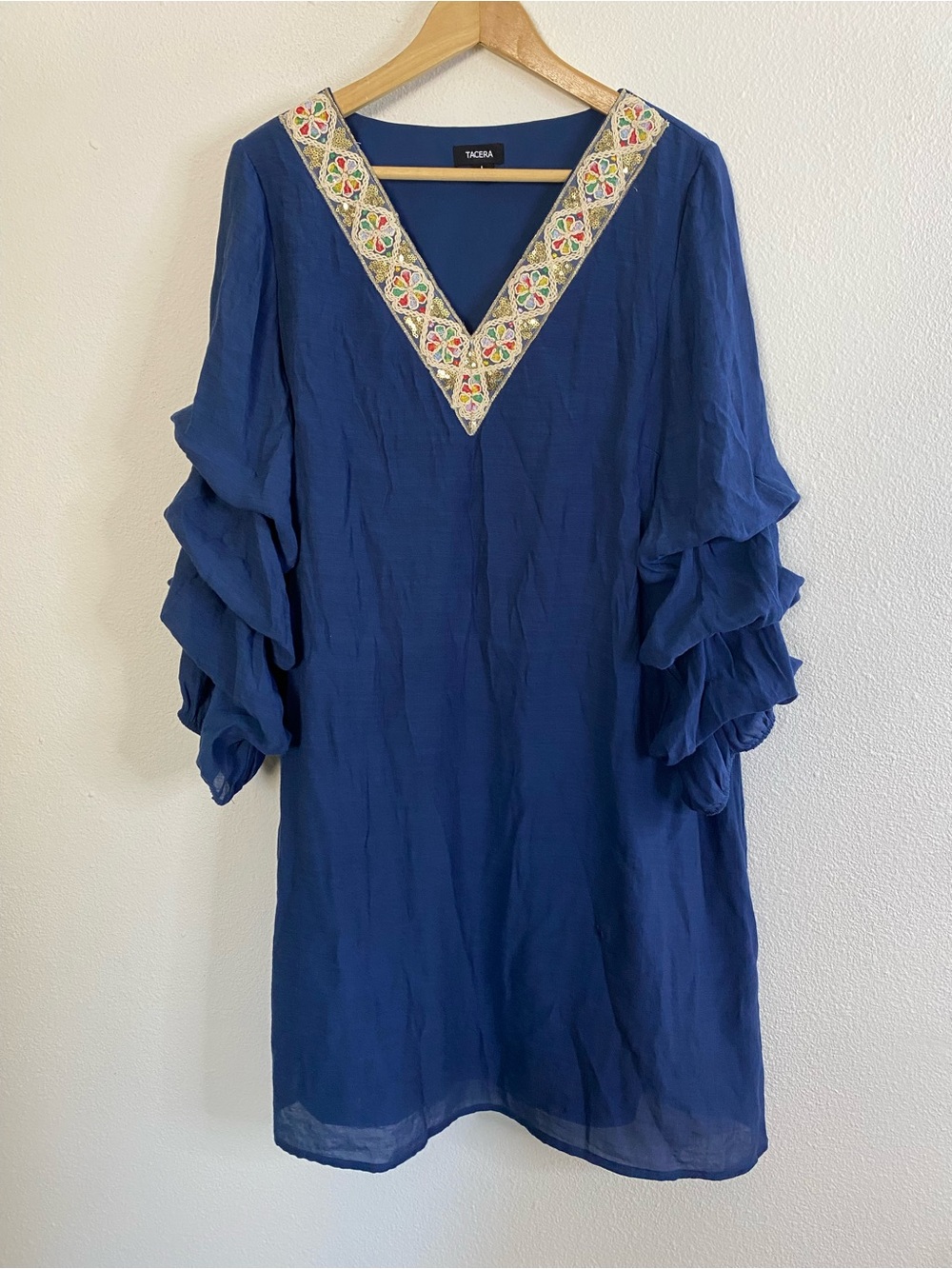 Tacera Royal Blue Tiered Ruffle Midi Dress L V-Neck Floral Lace Embroider Sequin